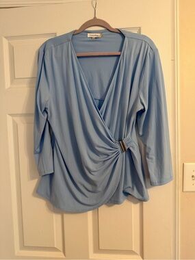 Calvin Klein Pale Blue Draped Faux-Wrap Blouse with Side Accent
